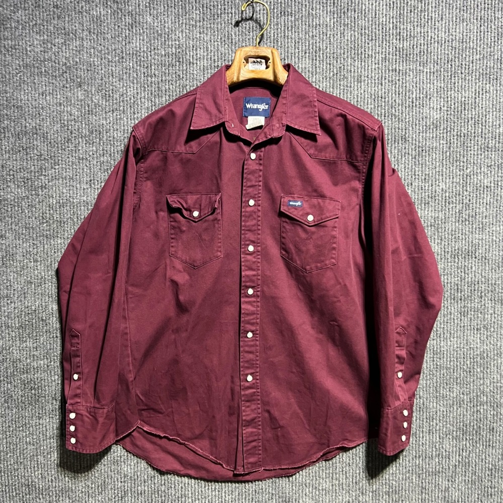 Wrangler Western Snap Shirt Mens Large Burgundy Maroon Pearl Snap Long Sleeve
